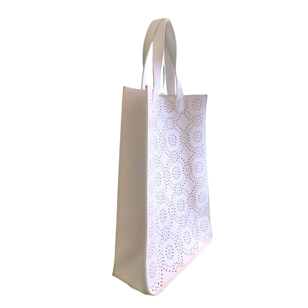 Ann Taylor White Cream Laser Cut Tote Bag Perforated Pattern Floral Ivory - Picture 4 of 9